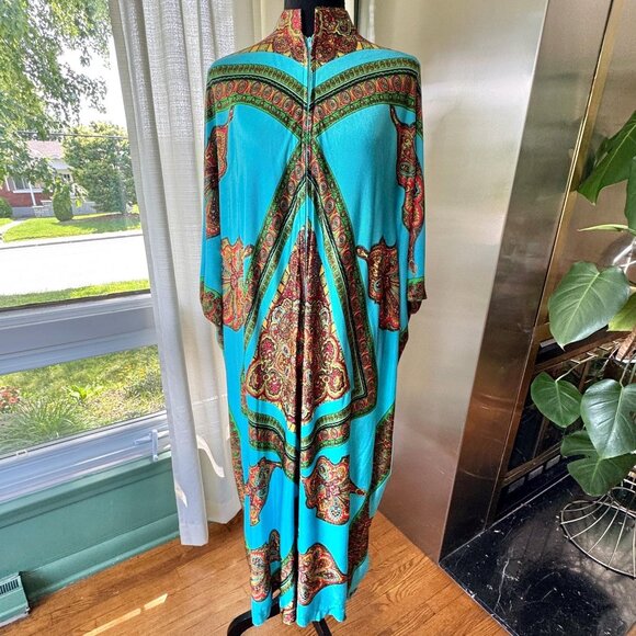 Vintage 70s muumuu, peacock blue, orange green abstract print, front zipper - Picture 2 of 10